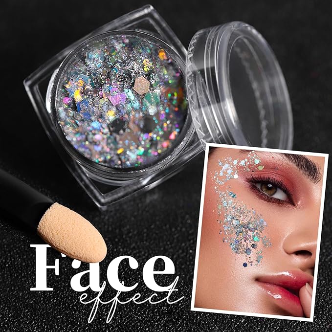 Teenitor Face Glitter, Sliver Body Glitter, Holographic Face and Body Glitter Gel for Women, Rave Glitter for Face, Hair, Eye and Body