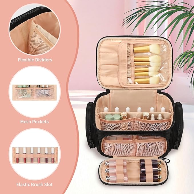 OCHEAL Makeup Bag,Travel Makeup Organizer Bag for Women with Zipper Pouch and Side Pocket, Multifunctional Compartments and Dividers,Toiletry Make up Case for Toiletries, Brushes & Beauty Tools-Black