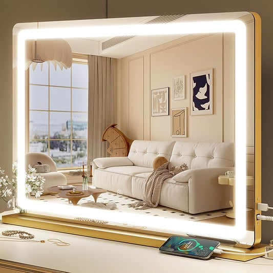 Gold Vanity Mirror with Lights, 32" x 22" Large Lighted Vanity Mirror with Dimmable 3 Modes, LED Makeup Mirror, USB Charging Port, Tabletop or Wall-Mounted