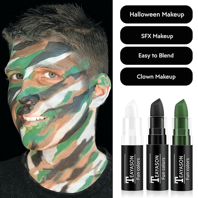 Black Green White Face Paint Halloween Makeup Kit, Matte Lipstick Set Football Baseball Eye Black Stick, Body Paint Face Makeup for Halloween Zombie Clown Vampire Skeleton Witch Joker