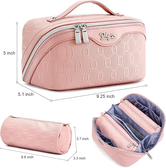 BOYATU Travel Makeup Bag for Women: Cosmetic Organizer Bag with Compartments - Leather Make up Bags Set of 3 (Pink)