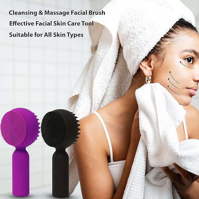 2 PC Silicone Facial Cleansing Brush 2 in 1 Facial Scrubber Manual Exfoliating Facial Brush Face Cleanser Face Exfoliator Ultrafine Bristles for Sensitive Skin Easy to Clean Lather Well(Black&Purple)