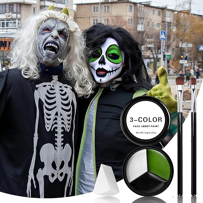 EBaokuup 3 Set Black White Green Face body Paint,3 Colors Witch Makeup Kit with Sponge and Brush,Halloween Formula Face Paint for Party Special Effect Makeup Cosplay Costume