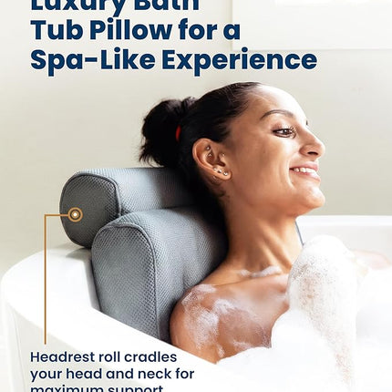 Everlasting Comfort Luxury Bath Pillows for Tub with Head and Neck Support - Non-Slip Bathtub Pillow with Suction Cups, Quick-Drying Mesh & Drying Hook - Jacuzzi & Spa Accessories for Women - Gray
