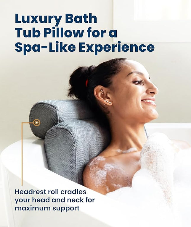 Everlasting Comfort Luxury Bath Pillows for Tub with Head and Neck Support - Non-Slip Bathtub Pillow with Suction Cups, Quick-Drying Mesh & Drying Hook - Jacuzzi & Spa Accessories for Women - Gray