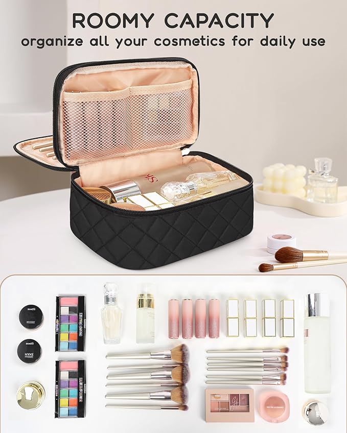 Relavel Makeup Bag, Small Makeup Bag for Women, Travel Cosmetic Bag, 2 Layers Waterproof Makeup Organizer Storage with Makeup Brush Holder, Black