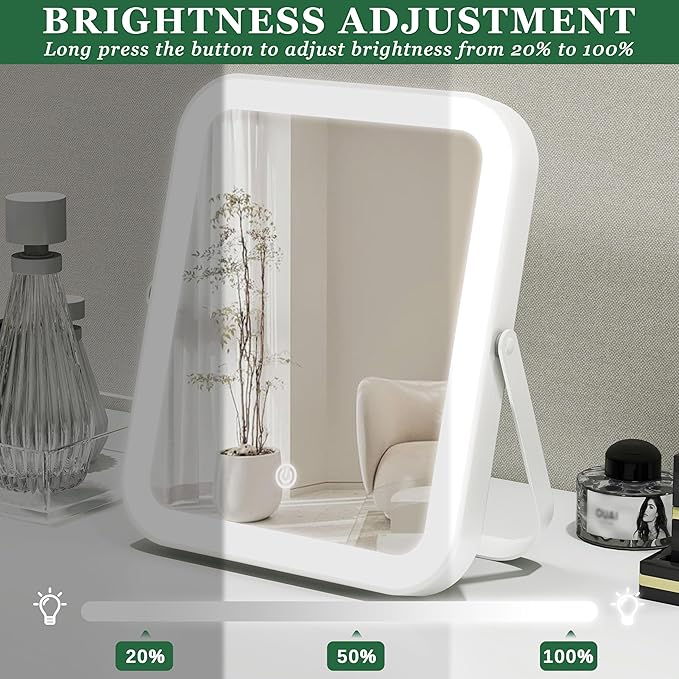 8x10 Inch Lighted Vanity Mirror, 3-Color Dimmable LED Lighting & Touch Control, Portable Makeup Mirror with U-Bracket for Travel/Dressing Room (White)