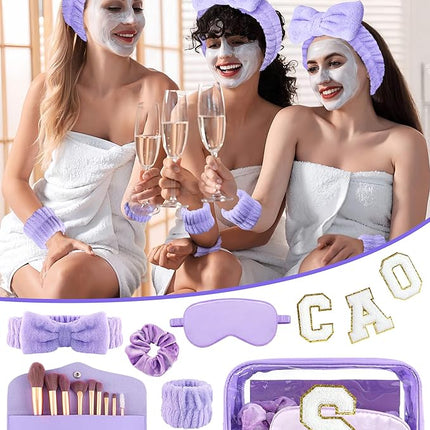 Gift Sets for Women, Initial Makeup Bag with Makeup Brush Set Bachelorette Party Favors, Purple Spa Kit with Skincare Headbands Wrist Bands Sleepover Party Supplies Gifts for Teen Girls Bridesmaid S