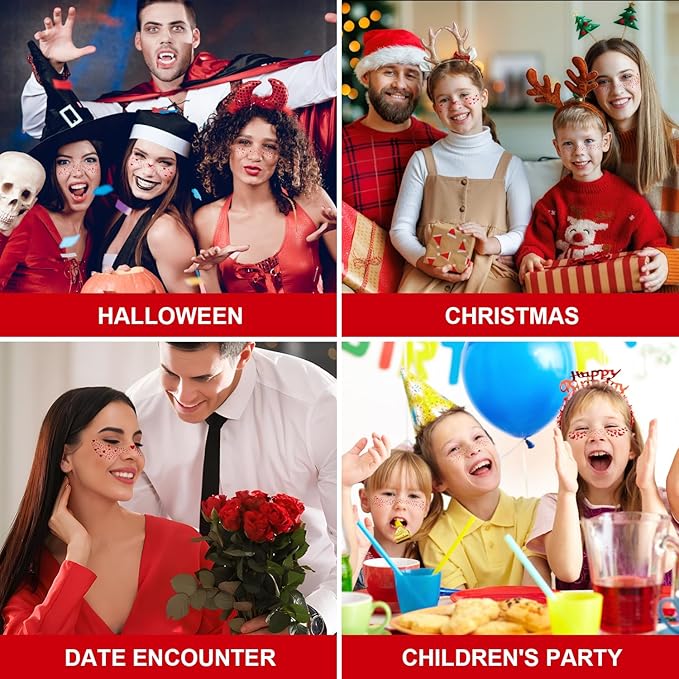 10PCS Halloween Glitter Freckles Face Tattoo, Sparkle Freckles for Women and Kids, Cute Star Waterproof Gold Temporary Face Tattoos Glitter Glow Up Patches (10PCS Red)