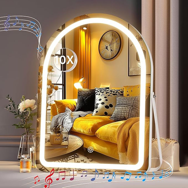 Hasipu Vanity Mirror with Lights and Bluetooth Speaker, 13.8"× 18" Arched LED Makeup Mirror, Lighted Makeup Mirror with Lights, Smart Touch Control Dimmable 3 Modes Light 360°Rotation White