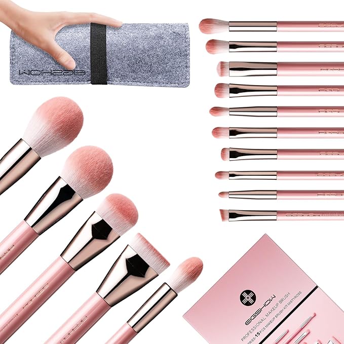 Makeup Brushes, EIGSHOW 15pcs Professional Makeup Brush Set With Case, Premium Synthetic for Foundation Contour Concealers Blush Eye Shadow (MISTYROSE)
