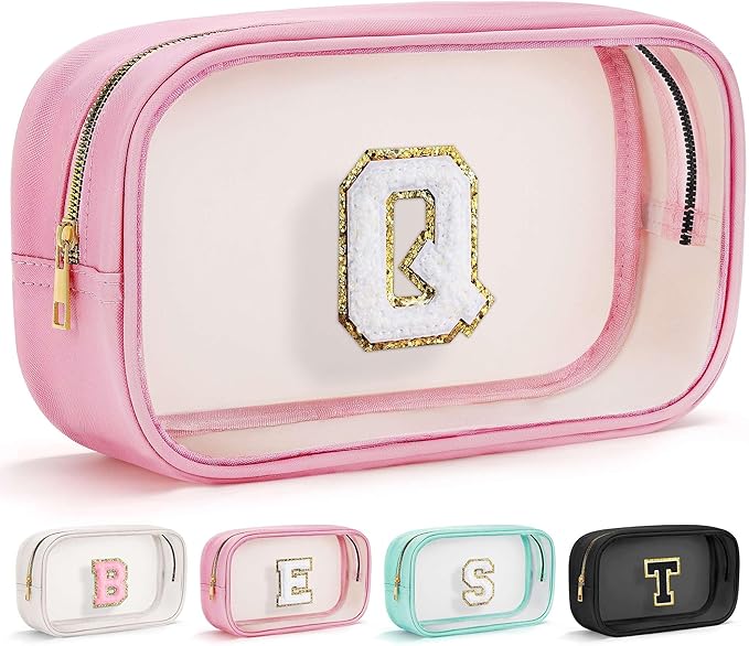 YOOLIFE Initial Make Up Bag Travel Toiletry Bag, Clear Makeup Bag Preppy Cosmetic Bags Organizer Travel Essentials Pink Gifts for Women Teen Girlfriend Teacher Bridesmaid Birthday Mothers day Gifts Q