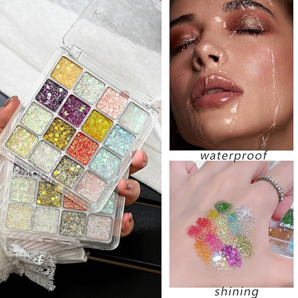 K'APEINE Eyeshadow Palette, 16 Colors Glitter Eyeshadow Chunky Pressed Sparkle Eye Shadow Powder Makeup Pallet Ultra Shimmer Makeup Kit Highly Pigmented Long Lasting Waterproof for Face Body