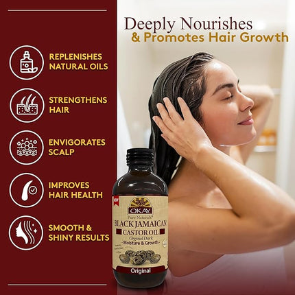 Okay Pure Naturals Black Jamaican Castor Oil - Castor Oil for Hair Growth for Men & Women, Moisture for Skin, Scalp, Eyelashes, Eyebrows - 4 oz Glass Bottle (Pack of 2)