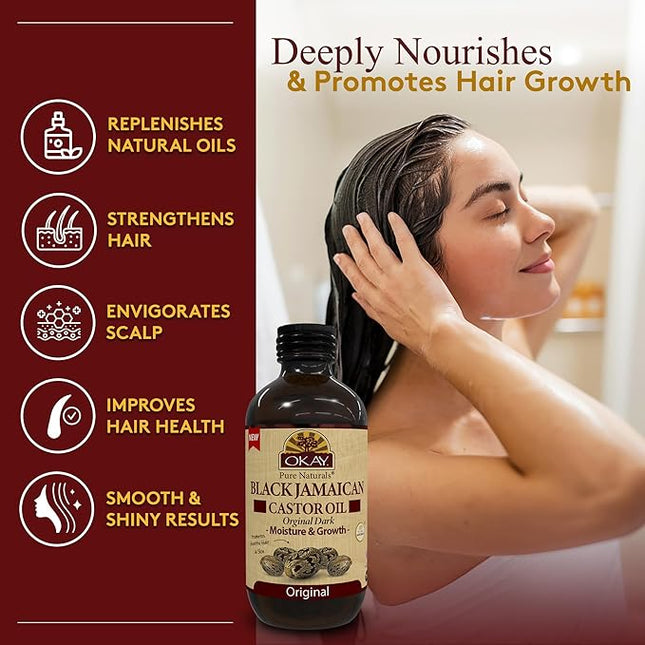 Okay Pure Naturals Black Jamaican Castor Oil - Castor Oil for Hair Growth for Men & Women, Moisture for Skin, Scalp, Eyelashes, Eyebrows - 4 oz Glass Bottle (Pack of 2)