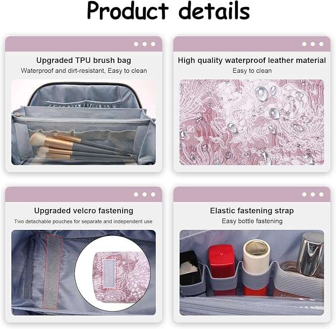 BOYATU Travel Makeup Bag for Women: Large Capacity Make up Bag with Compartments - Vegan Leather Cosmetic Bag set of 3 - Waterproof Toiletry Bag with Handle & Divider(D-01Purple)