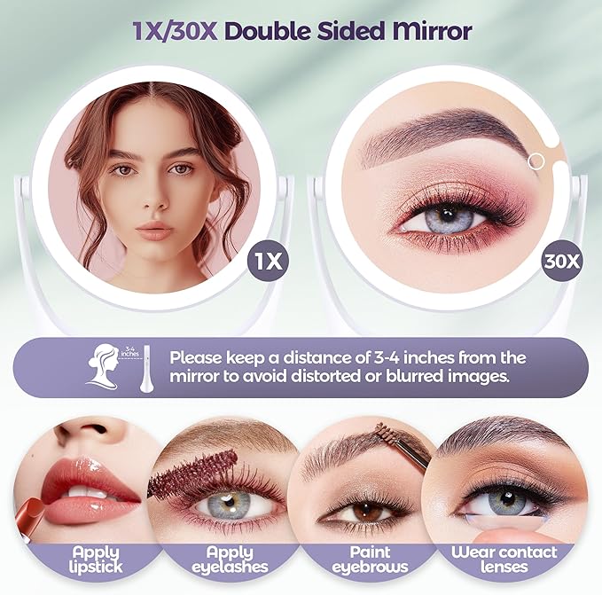 30X/1X Magnifying Mirror with Light, Makeup Mirror with Lights, Double Sided Magnifying Mirrors with Magnification, Portable Lighted Desk Mirrors with Storage, 3 Color Lights 360°Rotation