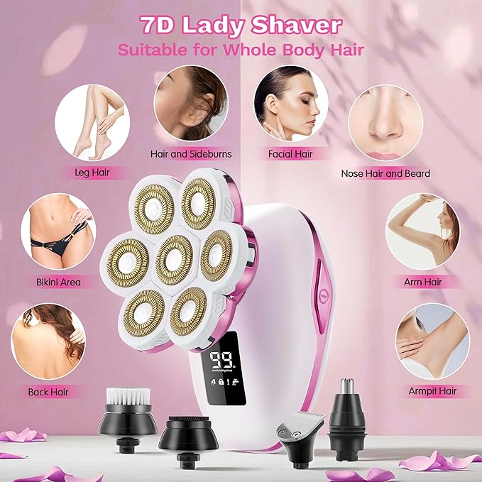Electric Razors for Women, 7D Electric Shaver for Women, 5 in 1 Lady Shavers, Wet/Dry Bikini Trimmer, Painless Face Razor for Arms Legs Armpit Pubic Area