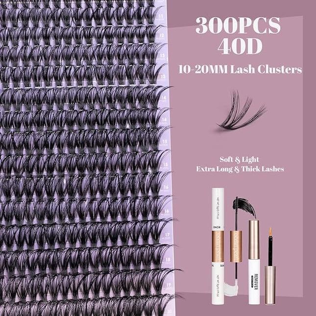 Ocean Pearl Lash Clusters 300pcs Individual Lashes 40D 10-20mm Eyelash Extensions Kit Natural Lashes Soft Eyelash Clusters False Eyelashes DIY Lash Extension Kit with Bond + Seal and Remover-40D