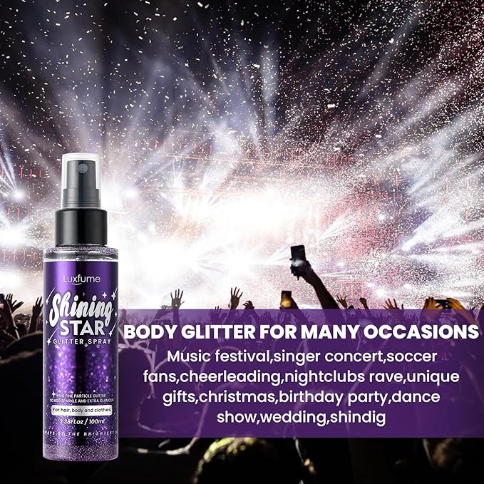 Body Glitter Spray, Glitter Hairspray, Purple Body Glitter Spray, Quick-Drying and Waterproof Glitter Hairspray, Nozzles are not Easily clogged, Long-Lasting Body Shiny for Stage Makeup, 3.38Oz