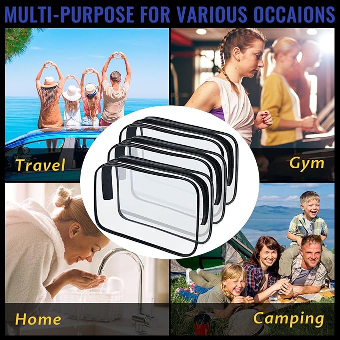 16 Pieces Clear Makeup Bags Bulk, TSA Approved Toiletry Bag for Travel, PVC Waterproof Travel Pouches Clear Pouch with Zipper for Men and Women Carry-on Travel Essentials Cosmetic Bags (Black-M)