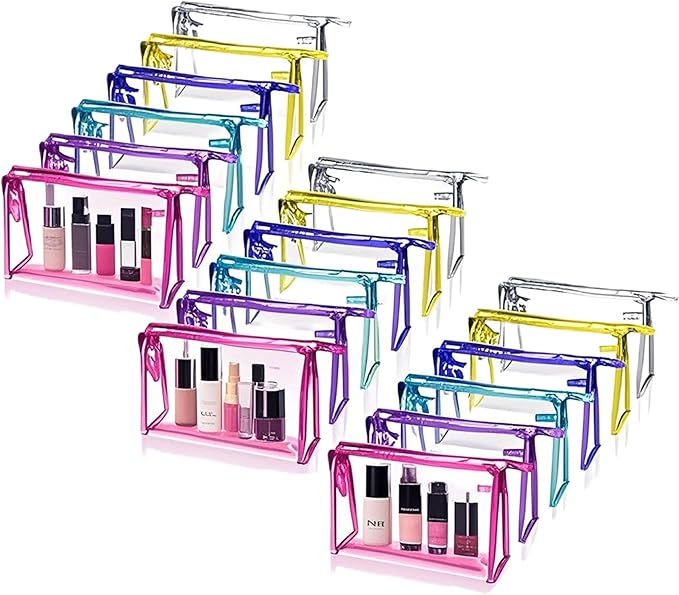18 Pcs Portable Clear Makeup Bags with Handle, Transparent Waterproof Toiletry Bag, Travel PVC Cosmetic Bags Pouch, Pencil Cases, Stationary Organizer
