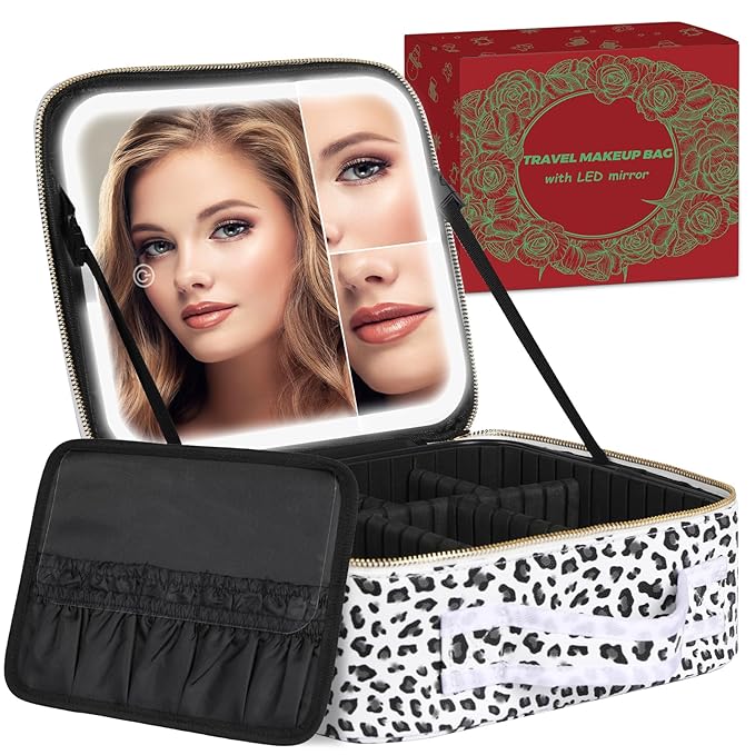 Makeup Bag with LED Mirror, Makeup Organizer Train Case with 1X,2X,3X Vanity Mirror, Adjustable Brightness in 3 Color Settings, with Brush Holder & Storage Dividers, Leopard