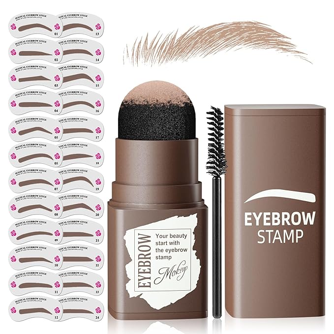 Eyebrow Stamp Stencil Kit - Eyebrow Powder with Brush Long-Lasting & Waterproof Brow Shaping Kit with 24 Reusable Thin & Thick Eyebrow Stencils for Natural Eyebrow Color (Light Brown)