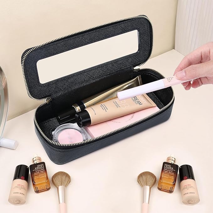 Pinkmik Makeup Brush Case Clear Travel Cosmetic & Toiletry Bag Small Makeup Bag with Zipper Purse Organizer Car Essential Bag for Women (Black, SLIM)