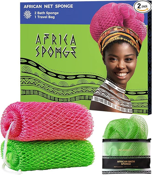 African Net Sponge Authentic - 2 Pieces Exfoliating Body Scrubber Bath Sponge Camellia&Green- Back Scrubber Washcloth for Shower - Real African Scrub Exfoliator Body Care Bathing Accessorie