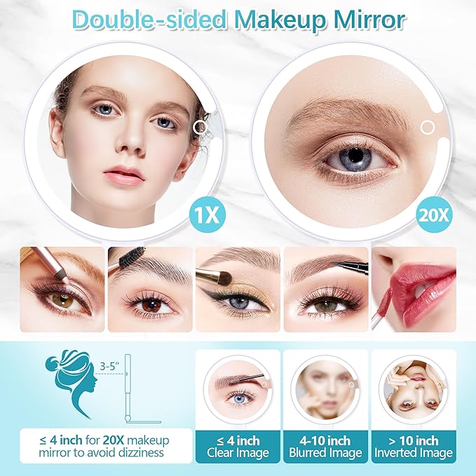 Makeup Mirror with Lights, 20X Magnifying Mirror with Light and Adjustable Brightness,Vanity Mirror with Lights and 3 Colors, 2-Sided Travel Mirror with Light, Tabletop Mirrors for Home and Outside