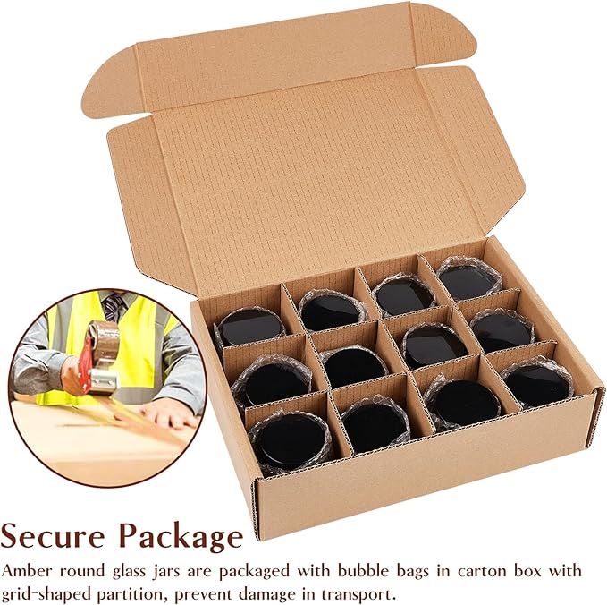 TUZAZO 2 Oz Thick Amber Round Glass Jars with Inner Lids and Black Lids, 12 Pack Small Empty Candle Making Jars/Cosmetic Containers for Lotions, Creams, Body Butters, Essential oil Beauty Products