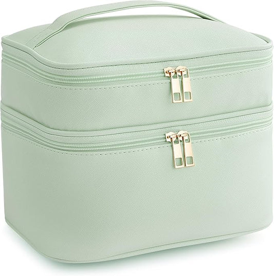 Makeup Bag for Women X-Large Travel Makeup Bag Organizer Portable Toiletry Bag Cute Makeup Bags Waterproof Leather Cosmetic Bag Makeup Case with Removable Dividers, Green