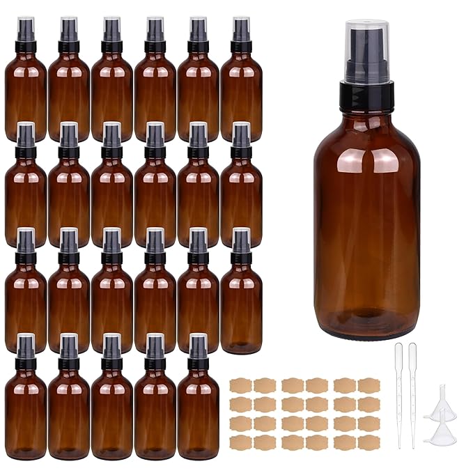 4oz Amber Glass Spray Bottles Mist Sprayer Set of 24,Empty Small Spray Bottle Fine Mist Spray Refillable Containers,Mini Travel Bottle Spray Bottle Make Perfect Oil,Perfume,Body Sprays