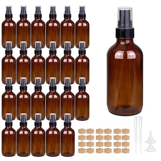 4oz Amber Glass Spray Bottles Mist Sprayer Set of 24,Empty Small Spray Bottle Fine Mist Spray Refillable Containers,Mini Travel Bottle Spray Bottle Make Perfect Oil,Perfume,Body Sprays