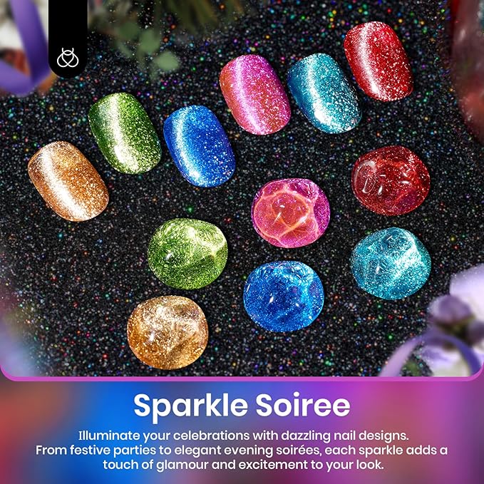 Beetles Cat Eye Gel Nail Polish, 6 Colors Red Purple Green Blue Green Gold Holographic Glitter Gel Polish Set with Magnet Soak Off UV Shimmer Velvet Gel Sparkle Soiree Series Manicure Gifts for Women