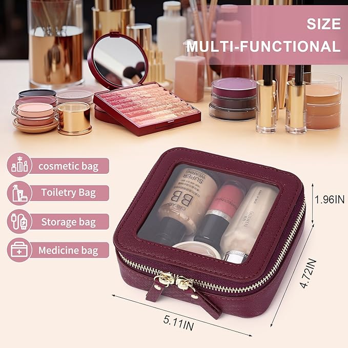Pinkmik Small Makeup Bag Clear Mini Cosmetic Makeup Case & Toiletry Bag with Zipper Women's Purse Organizer & Car Essentials (X/Burgundy, MINI-1)