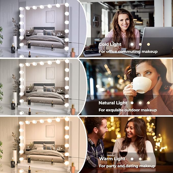 ZL ZELing ZELing Vanity Mirror Makeup Mirror with Lights,23.6" x 19.6"Large Tabletop Light up Mirror with 17Bulbs,10X Magnification,USB Charging Port,3 Color Touch Control Dimmable Lights.