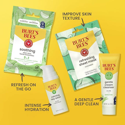 Burt's Bees Gentle Skin Care To-Go Set, Includes Cleanser, Towelettes, Lotion and Sheet Mask, Travel Size Facial Skin Care Products for Sensitive Skin, Natural Origin, 1 Gift Set