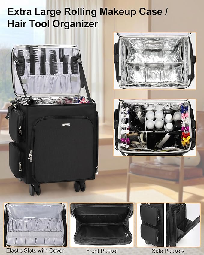 Relavel Rolling Makeup Case, 4 in 1 Hairstylist Traveling Bag Cosmetology Case on Wheels Large Hair Tools Cosmetics Train Case Makeup Artist Storage Organizer Trolley Suitcase with 360° Swivel Wheels
