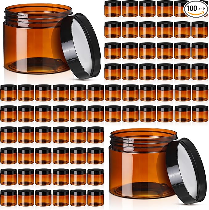 Tanlade 100 Pcs 2 oz Amber Plastic Cosmetic Jars with Lids Empty Leak Proof Container Refillable Cosmetic Jars Airtight for Cream, Lotion, Powder, Ointment, Beauty Products Travel Storage(Round)