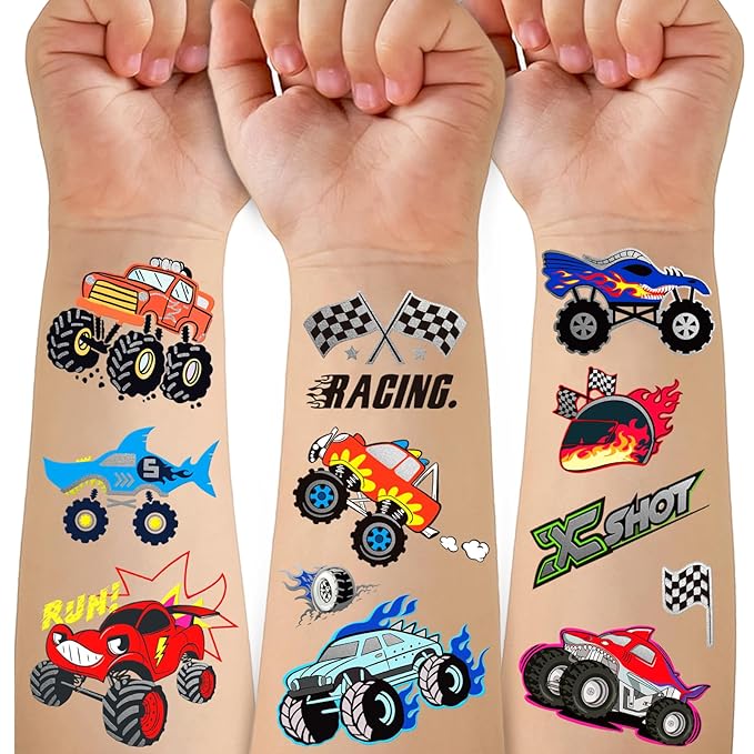75PCS Toddler Tattoos Hot Wheel Birthday Decorations Hot Wheels Party Favors, Kids Tattoos Temporary for Boys Monster Truck Tattoo Halloween Tattoo Racing Car Flag Stickers