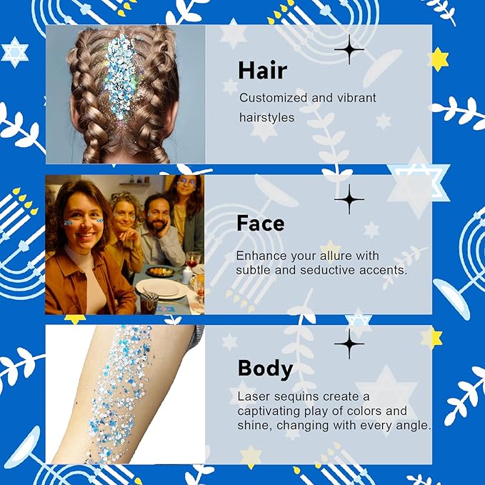 Hanukkah Glitter Gel for Body, Face, Hair and Lip, Color Changing Glitter Gel Under Light (Hanukkah)