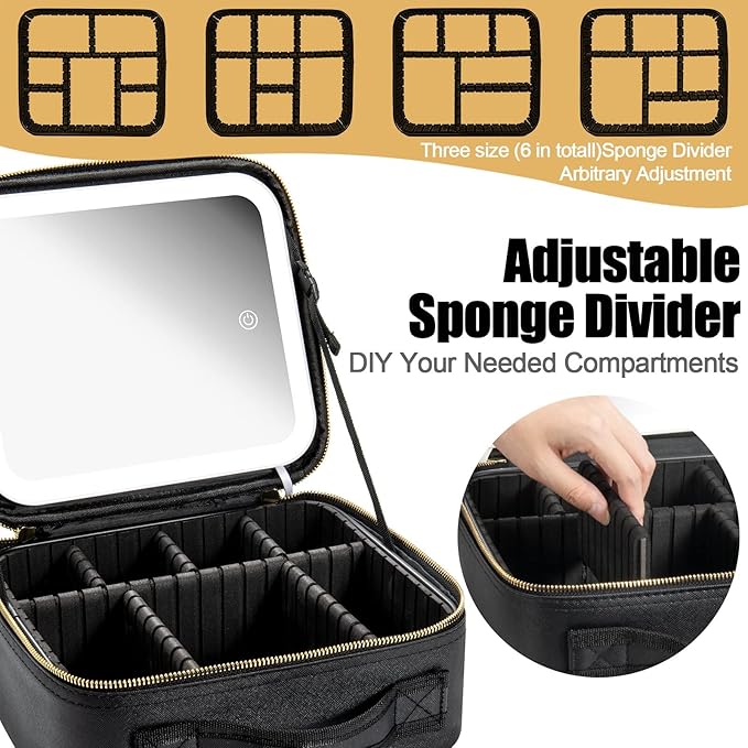 Seoneiro Makeup Travel Bag with LED Lighted Mirror Adjustable Brightness Portable Waterproof Makeup Case with Adjustable Dividers, Make up Train Case Organizer Makeup Brush Accessories and Tool Case