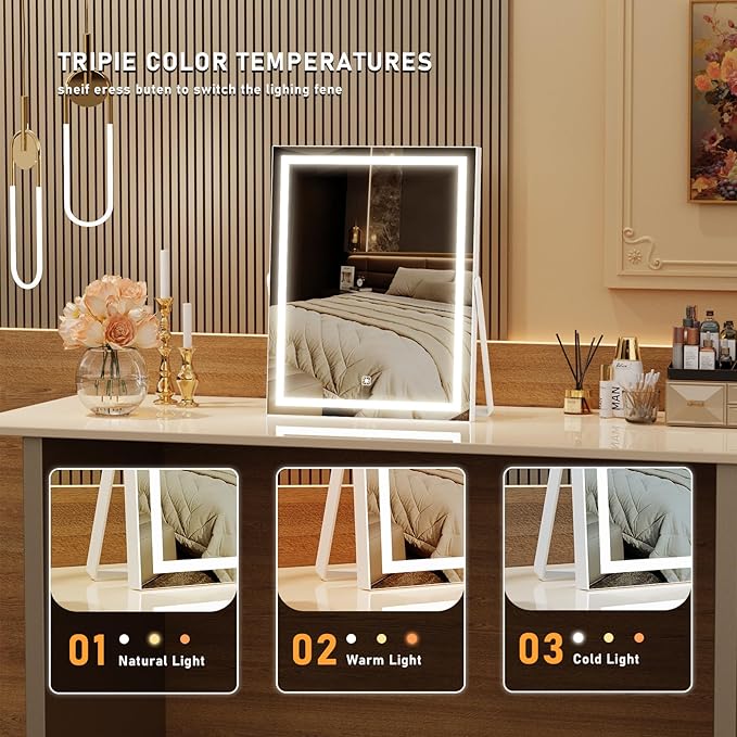 Vanity Mirror with Lights, 11"× 14" LED Makeup Mirror, Lighted Makeup Mirror with Lights, Smart Touch Control Dimmable 3 Modes Light 360°Rotation White