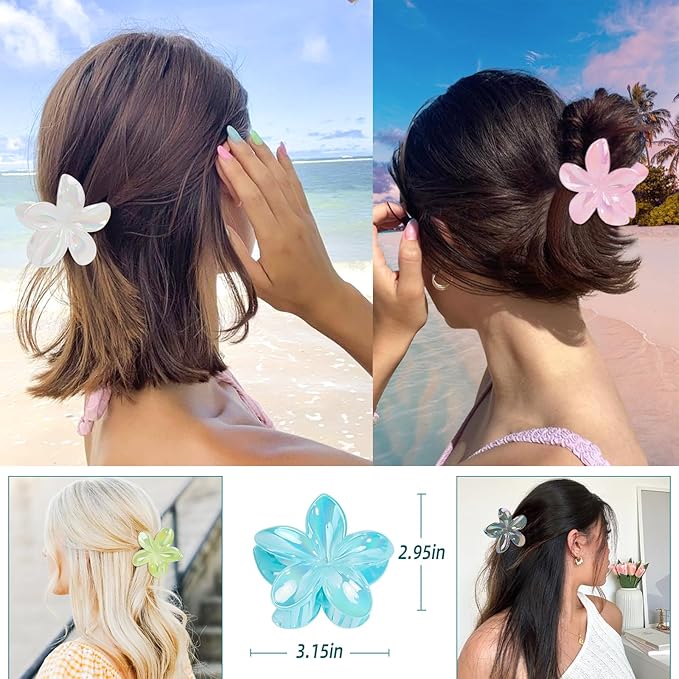 Brilliant Jelly Flower Hair Claw Clip for Women Girls 6 PCS Large Plumeria Flower Hair Clips for Thick Thin Hair Hawaii Hair Accessories