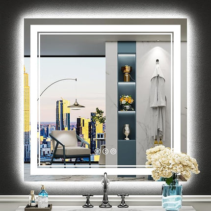 32x32 LED Bathroom Mirror with Lights, Backlit & Front Lit, Anti-Fog Lighted Vanity Mirror for Bathroom Wall, 3 Colors, Dimmable, Memory, Shatter-Proof, HD Tempered Glass, Horizontal/Vertical