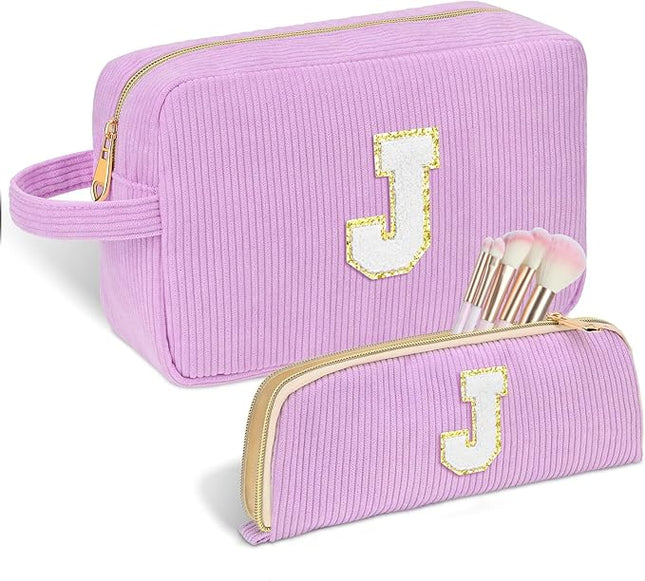 Personalized Initial Makeup Bag Trendy Stuff Corduroy Cosmetic Bag Travel Toiletry Bag, Valentine’s Day Gift Makeup Organizer Case & Makeup Pouch for Women teen Girls Mom Girlfriend Wife