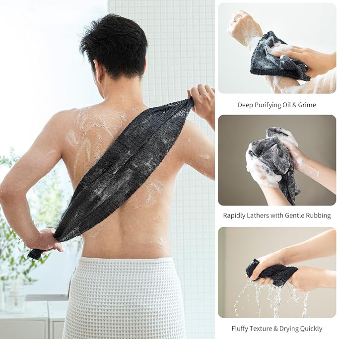 SHIMOYAMA Body Wash Towel, Exfoliating Shower Towel, Bath Loofah, Body Scrubber, Black