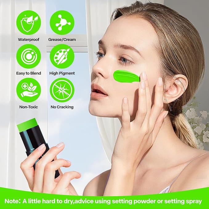 Go Ho Cream-Blendable Amazon Green Face Paint Stick (1.06 Oz),Full-coverage Amazon Green Body Paint for Adults Children Halloween Cosplay SFX Makeup,Waterproof Green Eye Black Stick